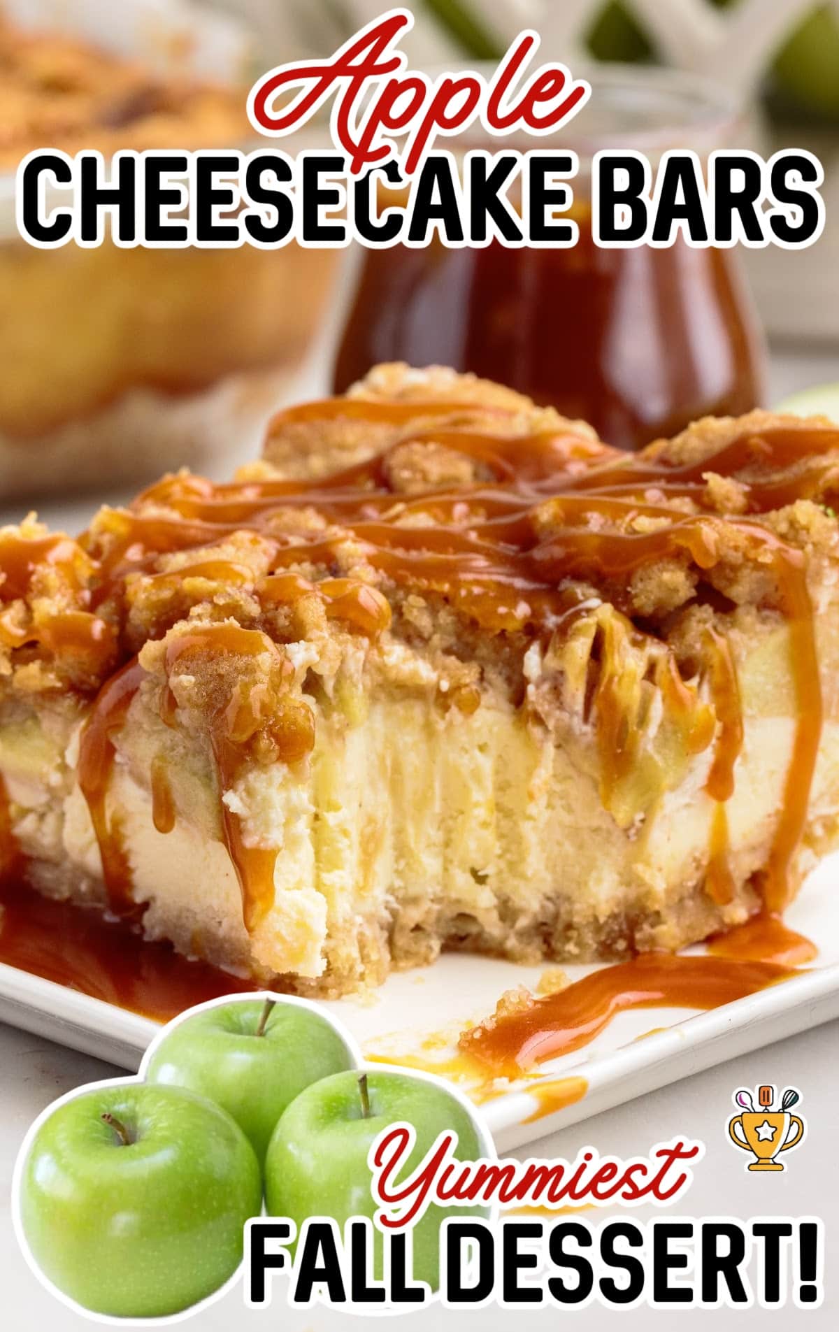 Apple Cheesecake Bar on a plate with a bite on it