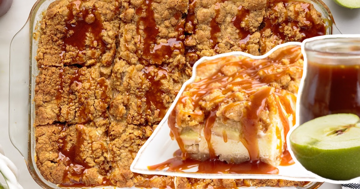 Apple Cheesecake Bars in a baking dish a plate served with a bar on the side