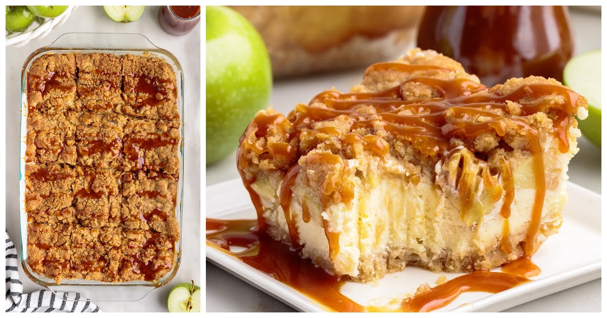 Apple Cheesecake Bars in a baking dish and on a plate