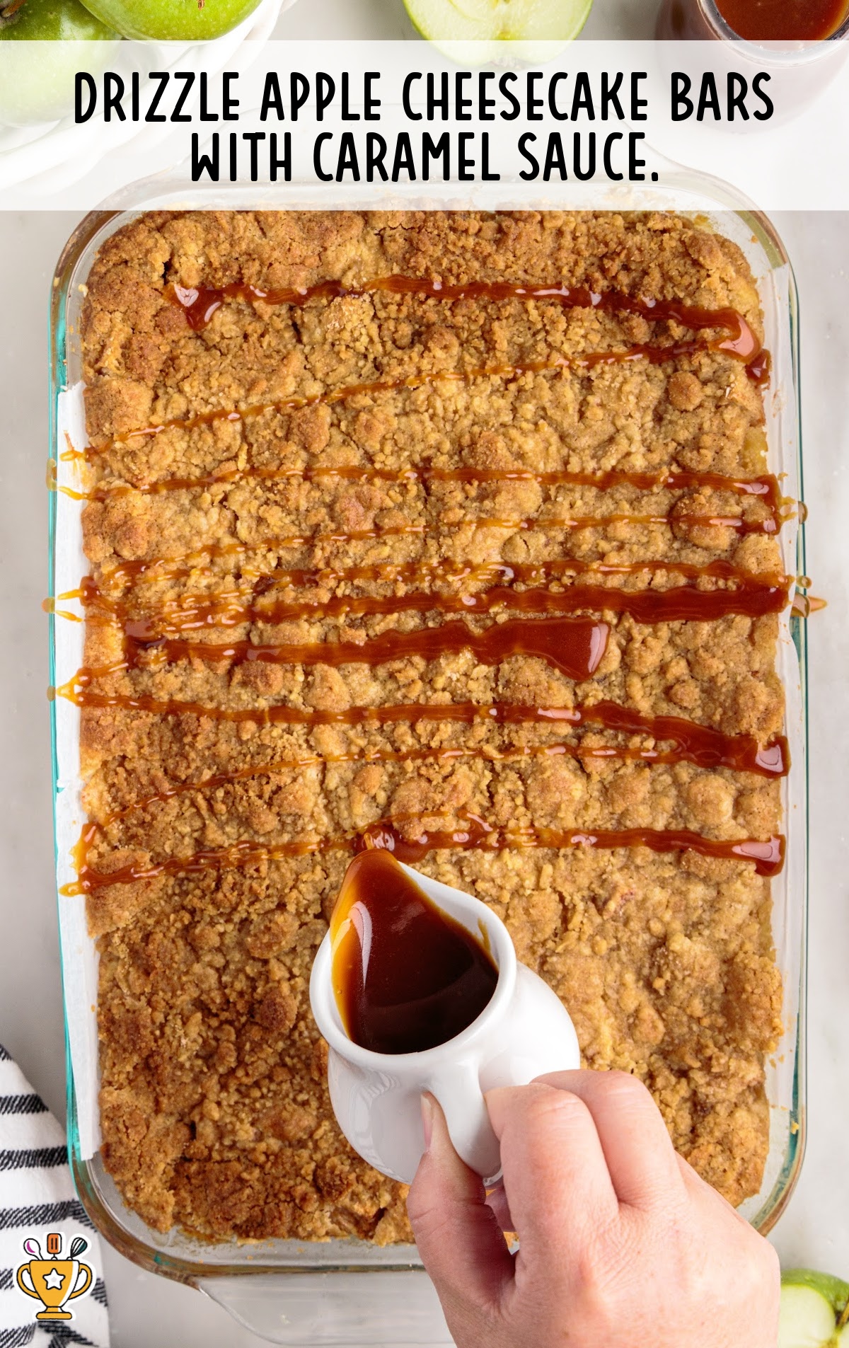 caramel sauce drizzled over Apple Cheesecake Bars
