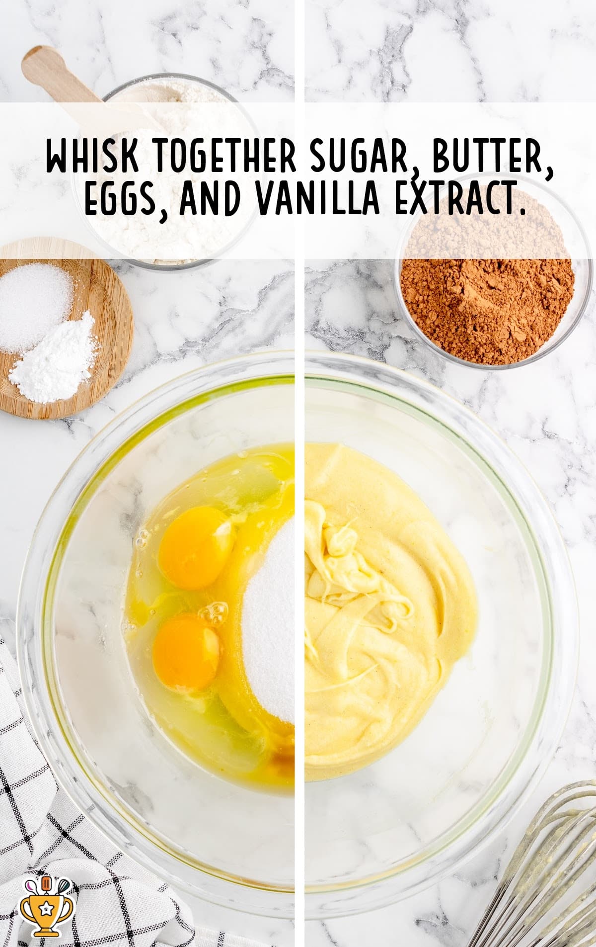 butter, sugar, eggs and vanilla extract together in a bowl