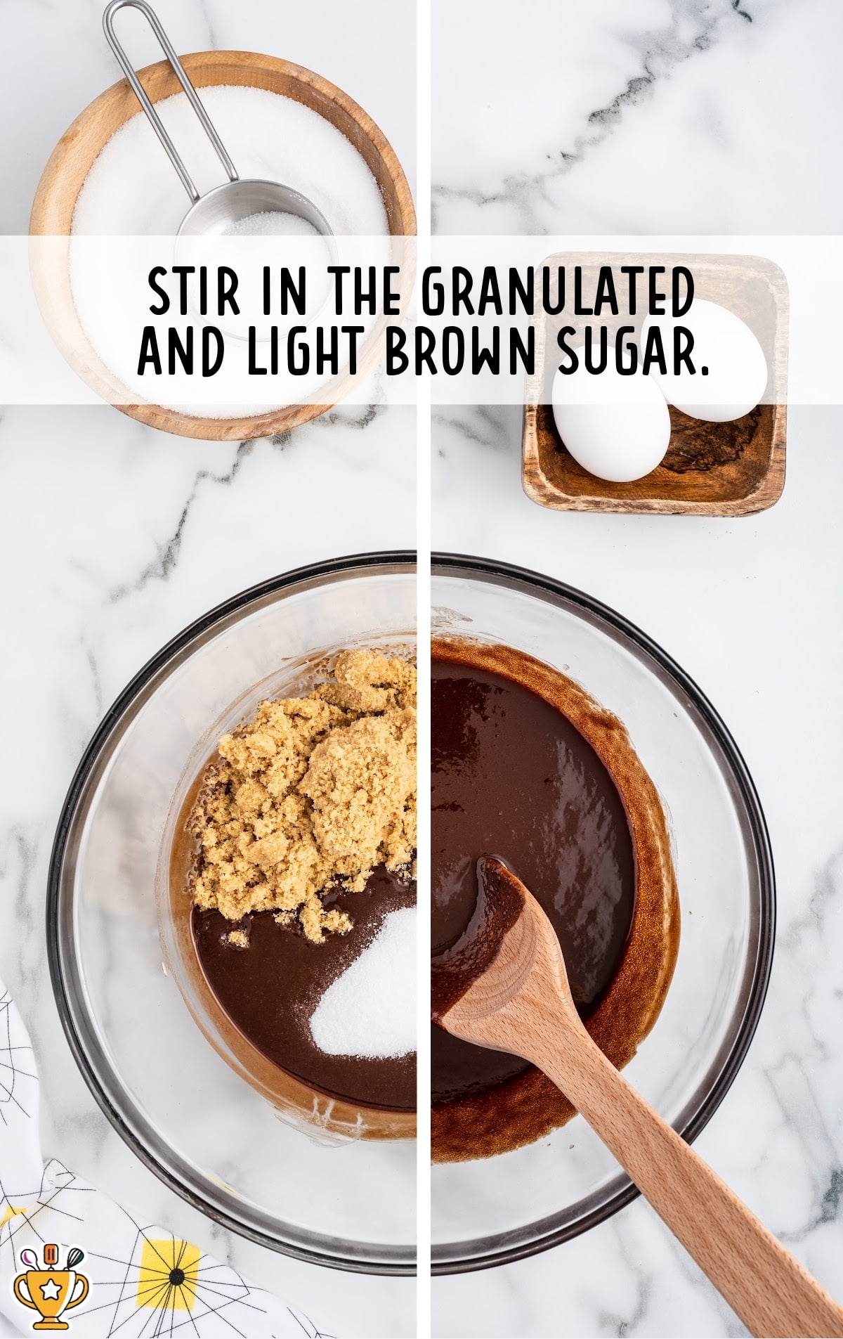Ingredients for making Butterfinger Cupcakes in a clear bowl with a wooden spoon