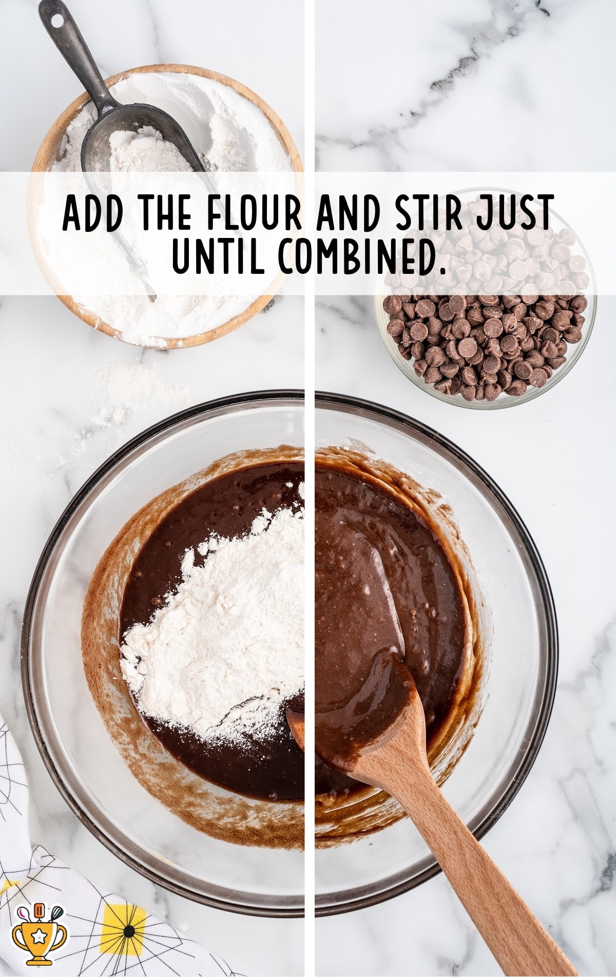 Flour mixed with other ingredients for making Butterfinger Cupcakes with a bowl in a wooden spoon