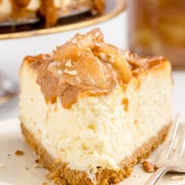 A close up photo of A piece of Caramel Apple Cheesecake