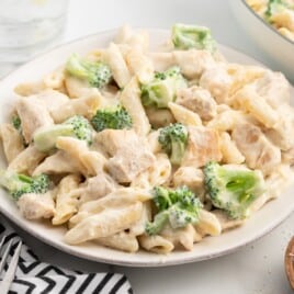 a white dinner plate full of Chicken broccoli alfredo.
