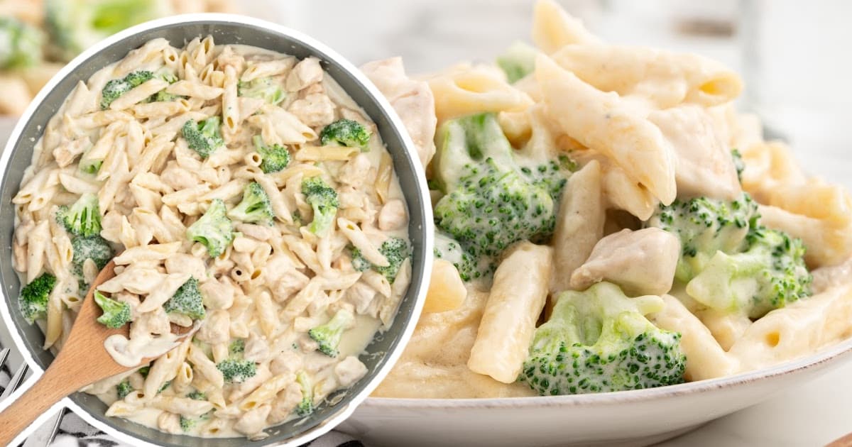 a plate of pasta beside a skillet of cooked pasta.