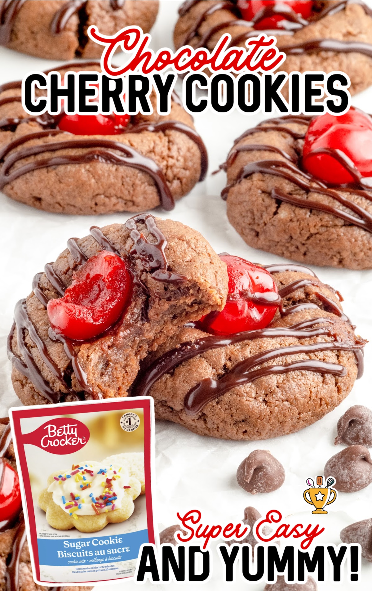 Chocolate Cherry Cookies, one with a bite on it