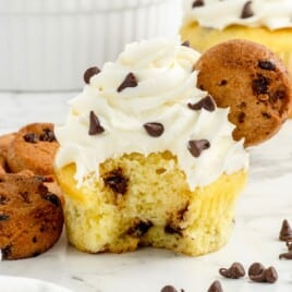 A chocolate chip cupcake with a bite out of it.