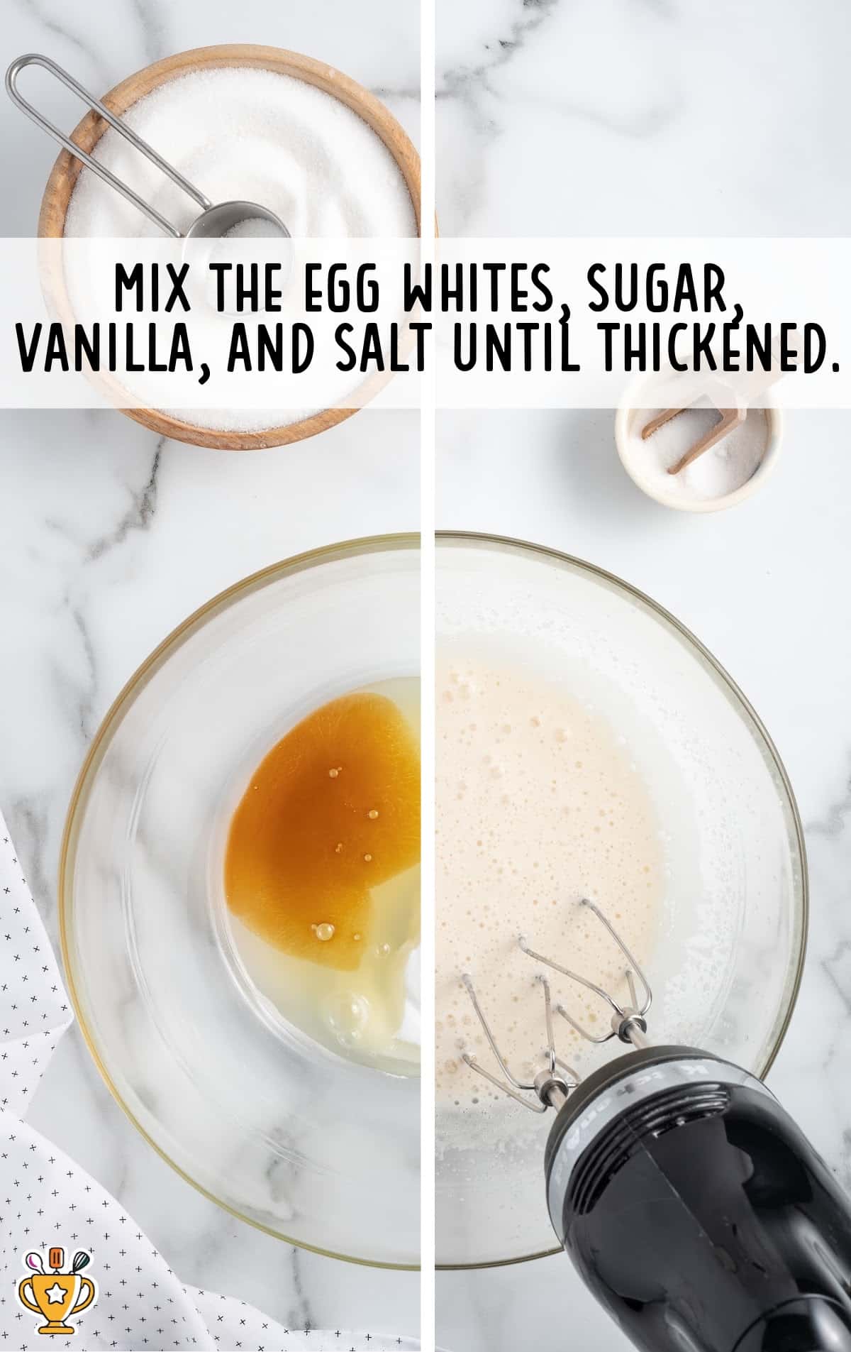 egg whites mixed with sugar, vanilla and salt in a bowl with a mixer