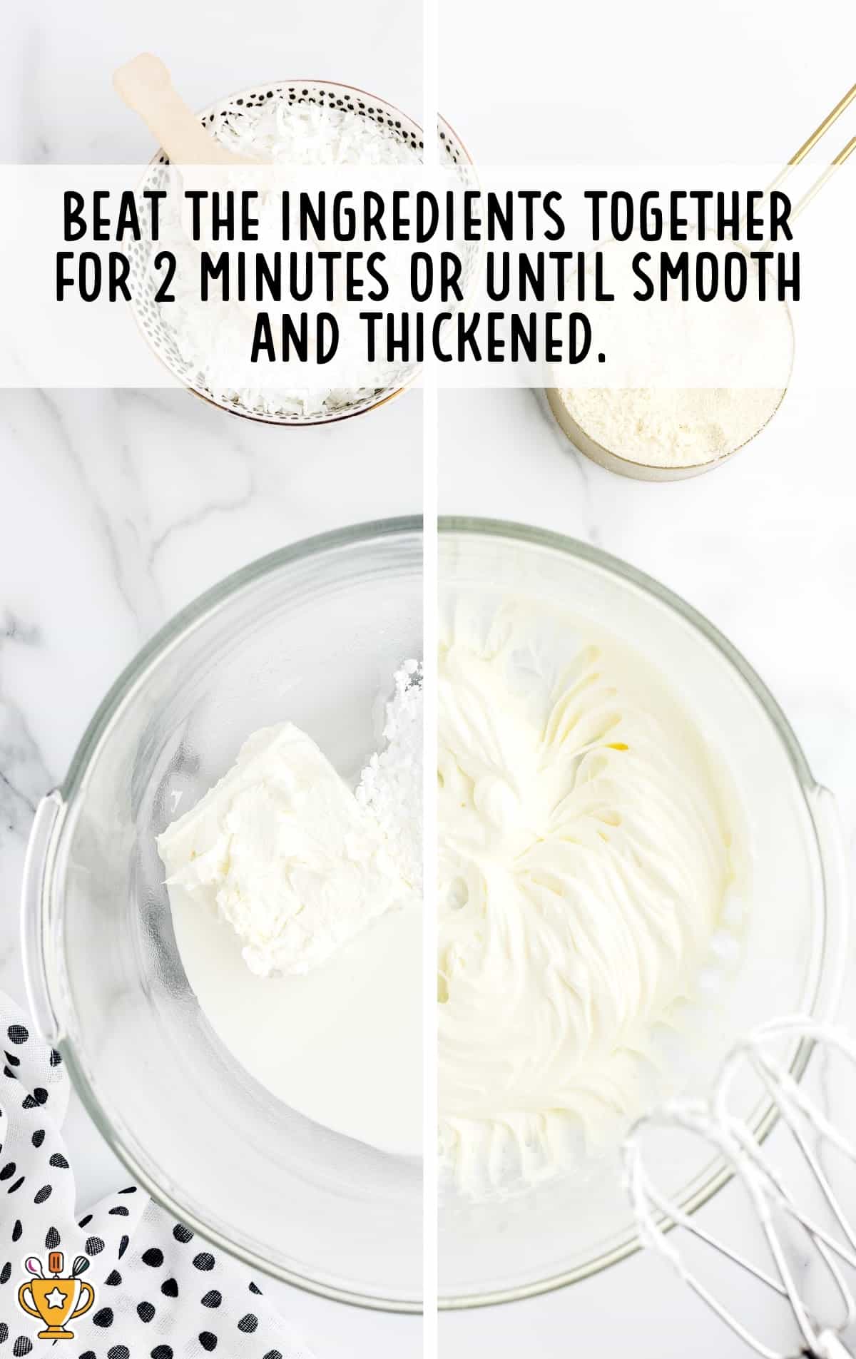A mixer of Coconut Snowballs ingredients beat together in a bowl
