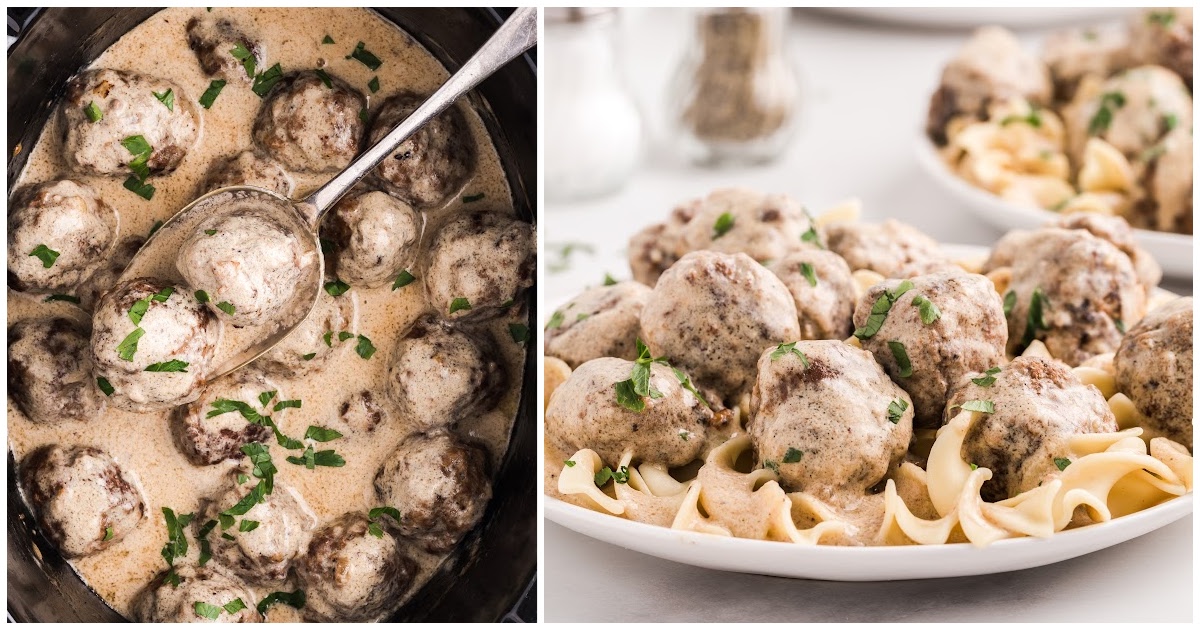 A crockpot full of meatballs beside a plate of meatballs and noodles.