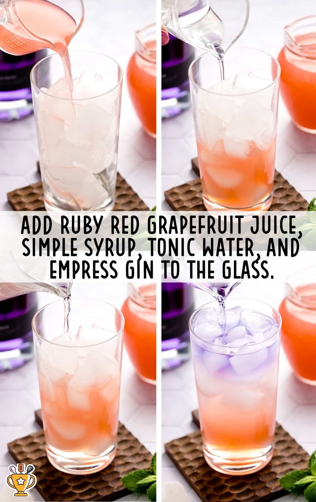 ruby red grapefruit juice, simple syrup, tonic water and empress gin added to the glass