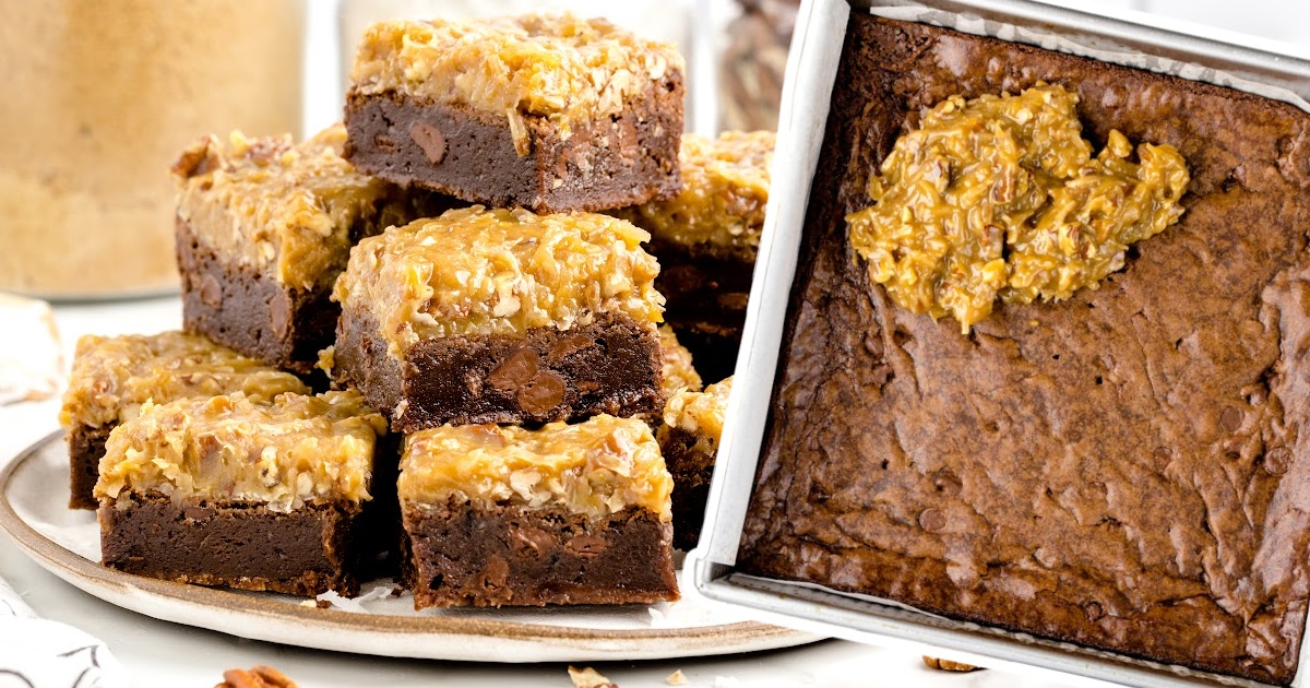 German Chocolate Brownies stacked on a plate
