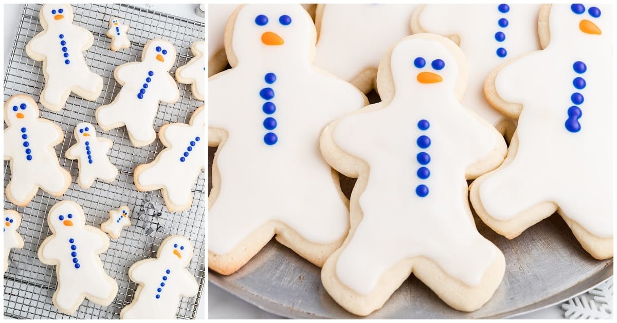 Gingerbread Man Sugar Cookies on a cooling rack and on a stainless steel plate