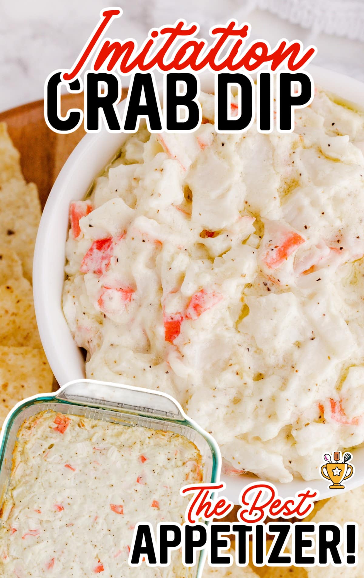 A bowl of imitation crab dip next to a pan of crab dip.