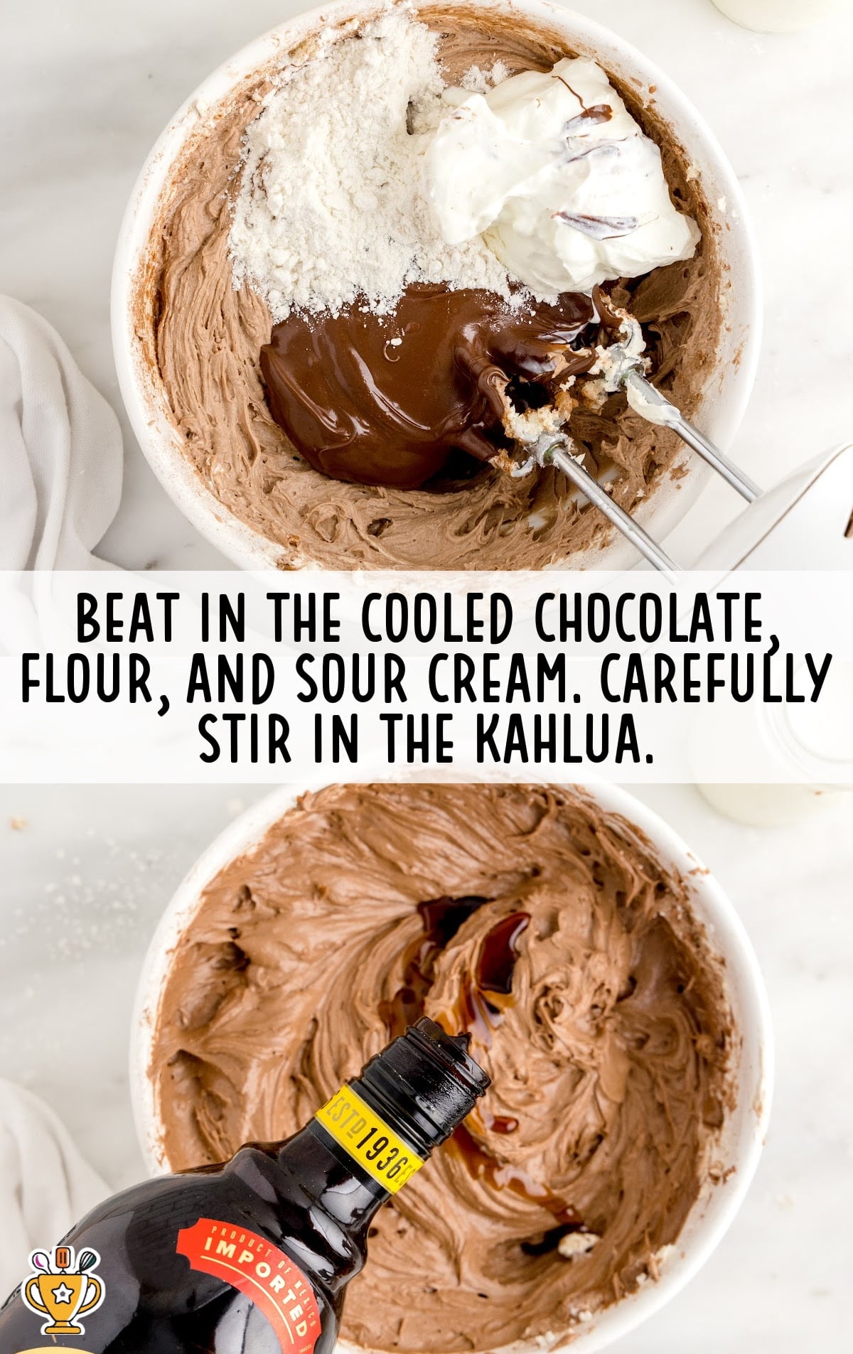 chocolate, flour, sour cream in a bowl with a mixer
