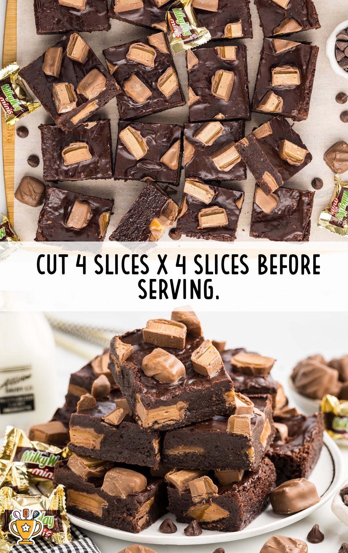Milky Way Brownies stacked on a plate and others cut into pieces