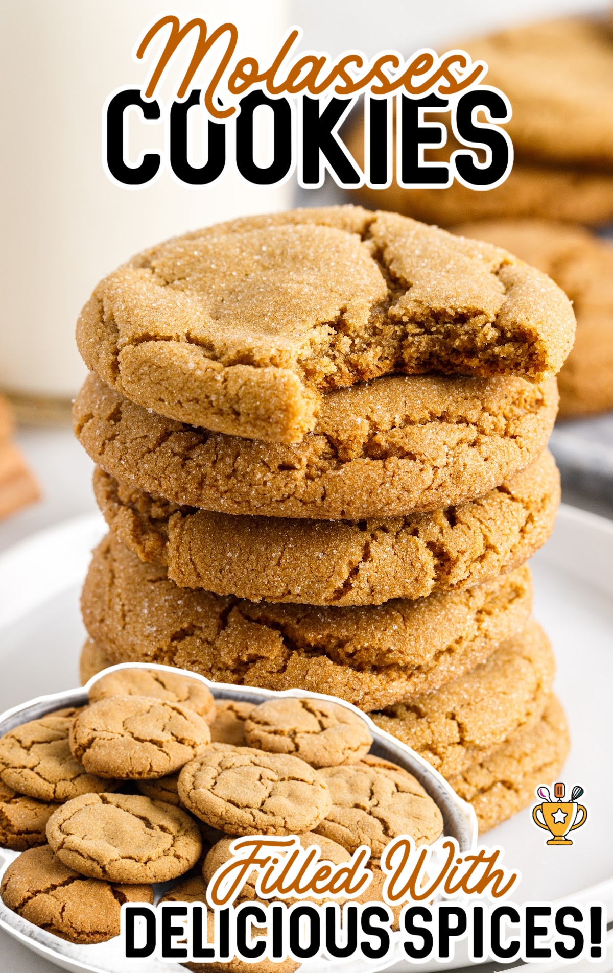 Molasses Cookies on a plate and others stacked together