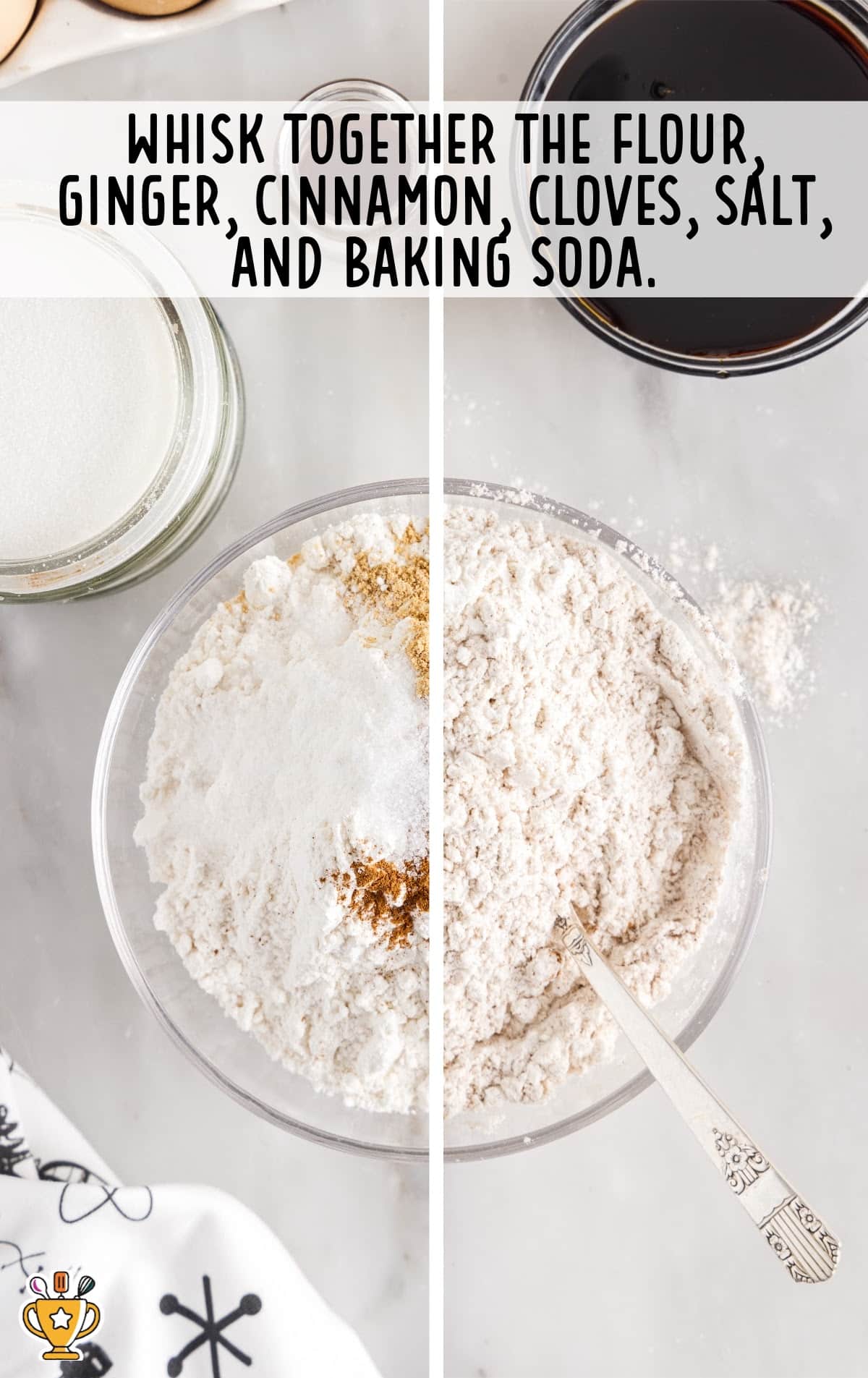 flour, ginger, cinnamon, cloves, salt and baking soda in a bowl with a spoon