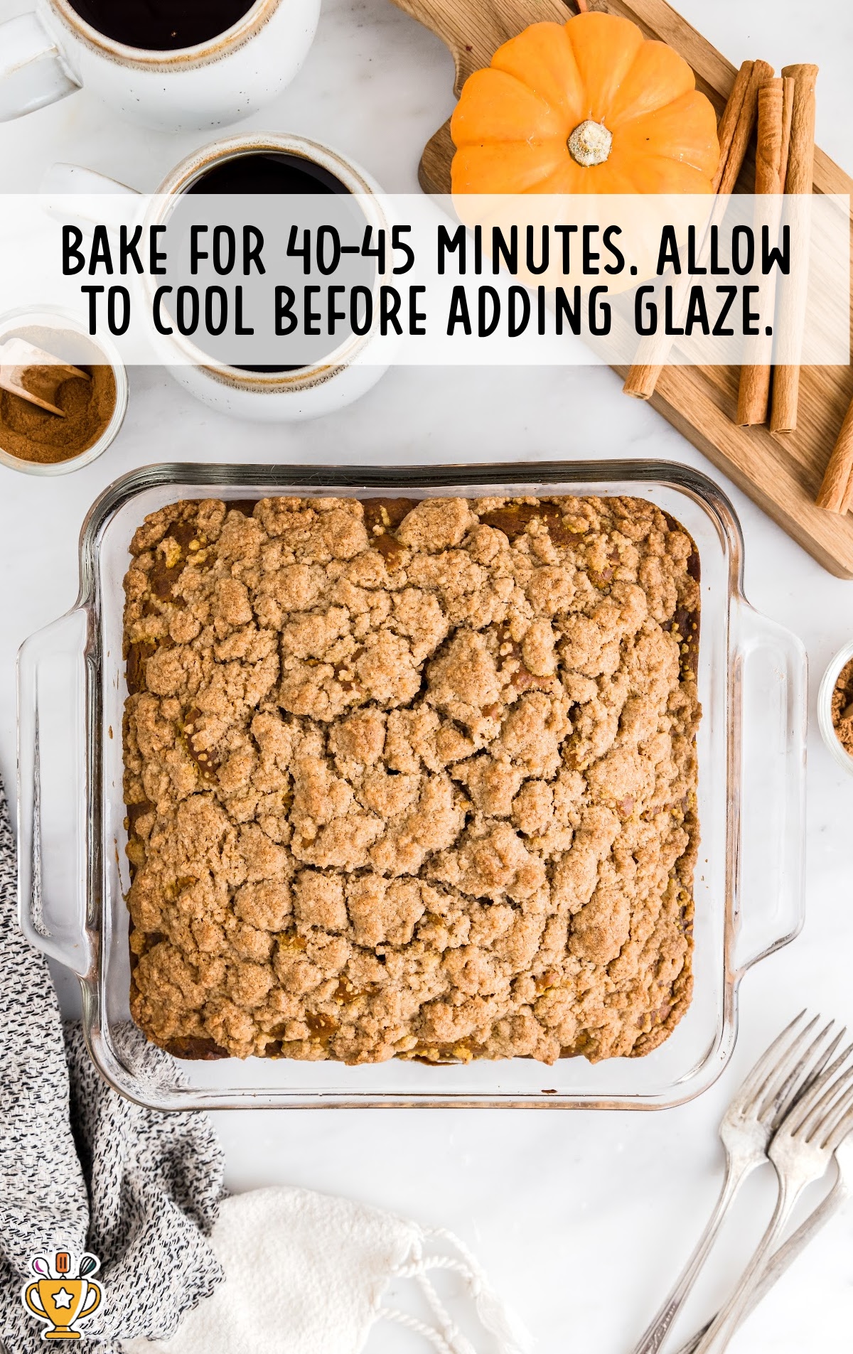 An already baked Pumpkin Coffee Cake in a baking pan