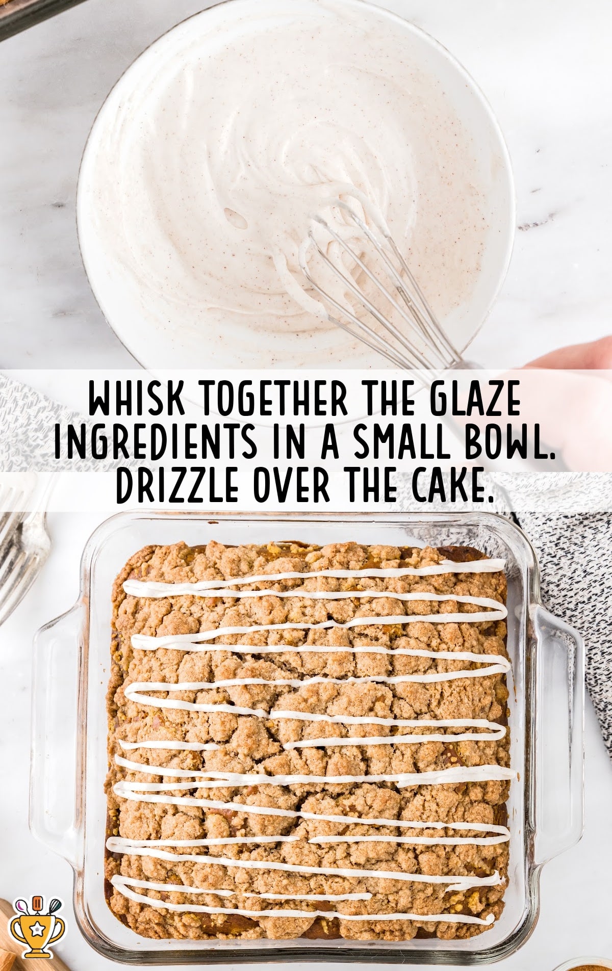 A bowl of glaze and a cake with glaze drizzle on top