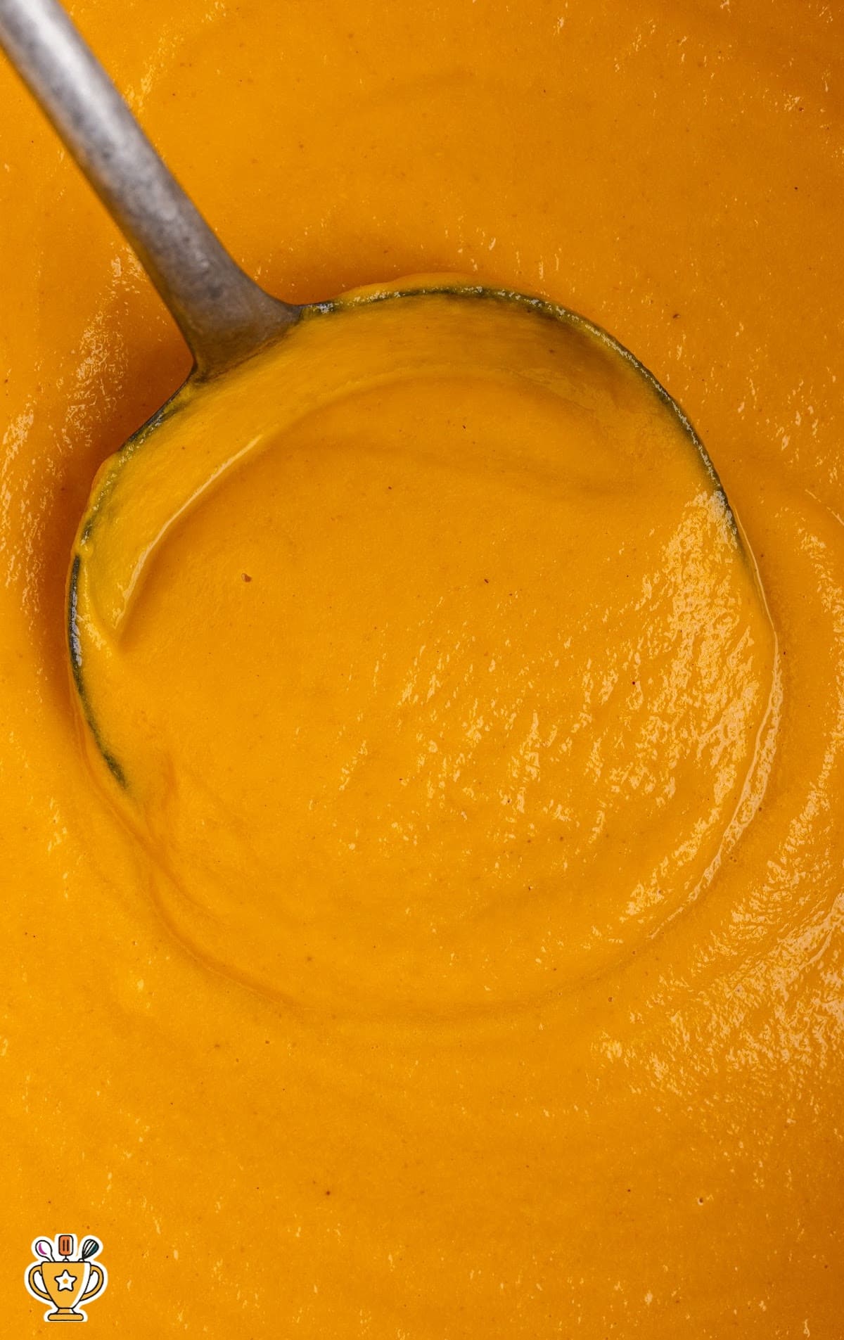 A serving spoon with Pumpkin Soup in it