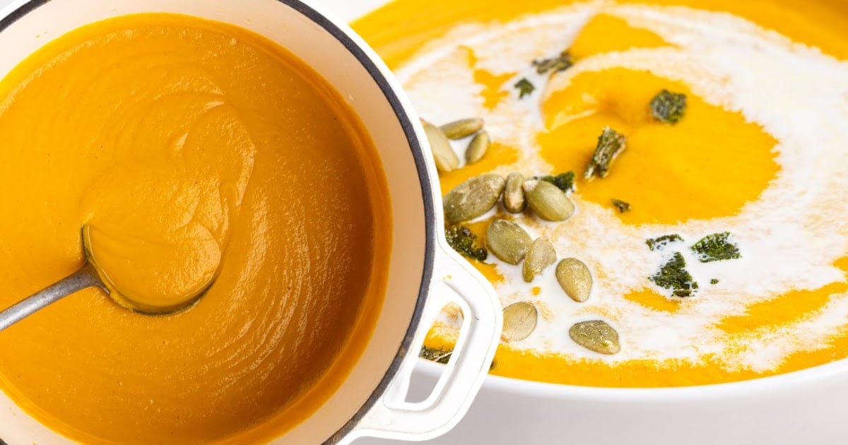 Pumpkin Soup in a cooking pot and in a serving bowl