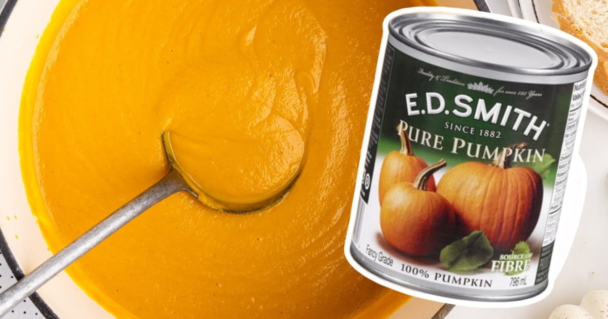 Pumpkin Soup in a bowl with a can of pure pumpkin on the side