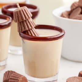 A reese cup shot with a garnish.