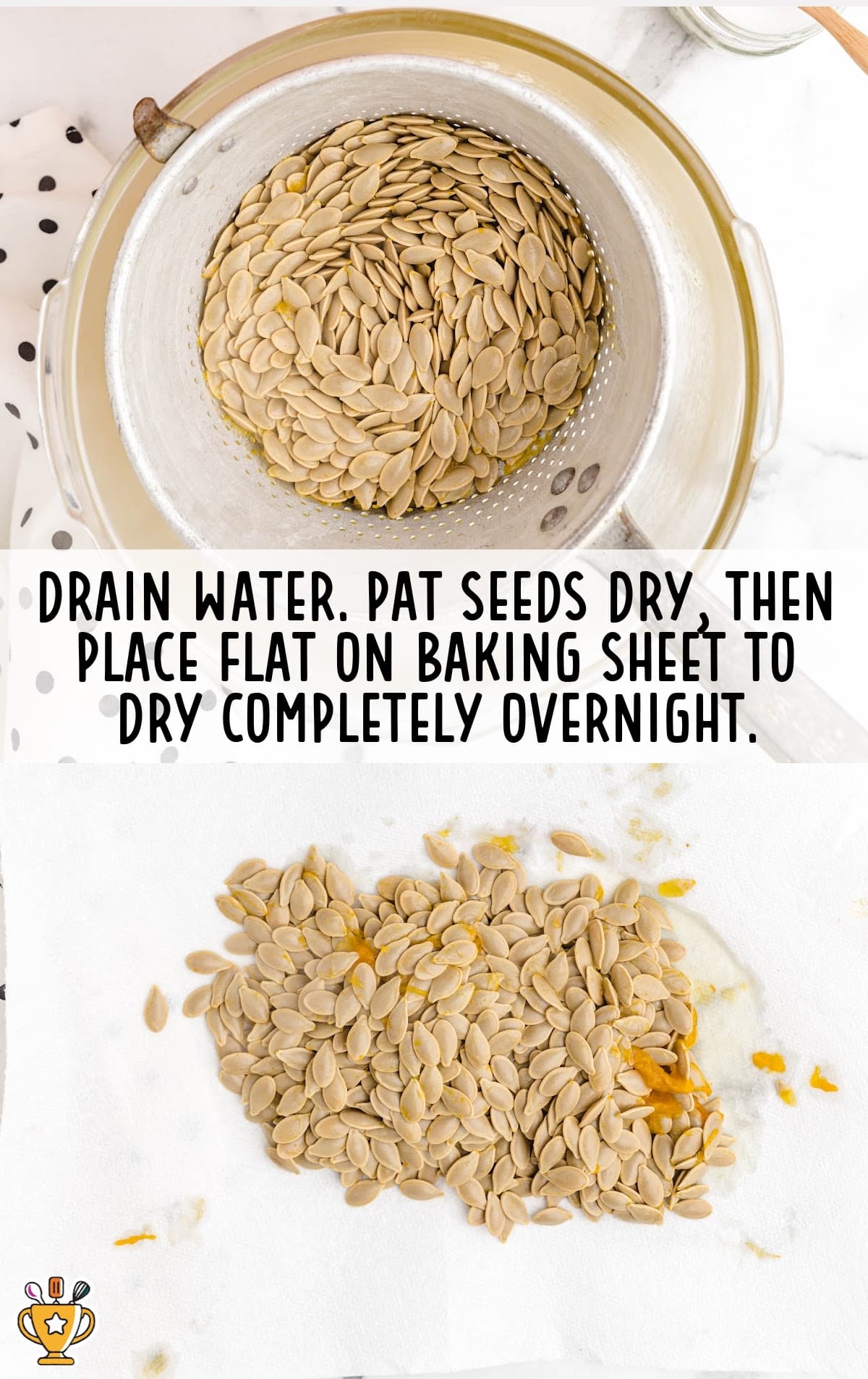 Pumpkin seeds on a baking sheet