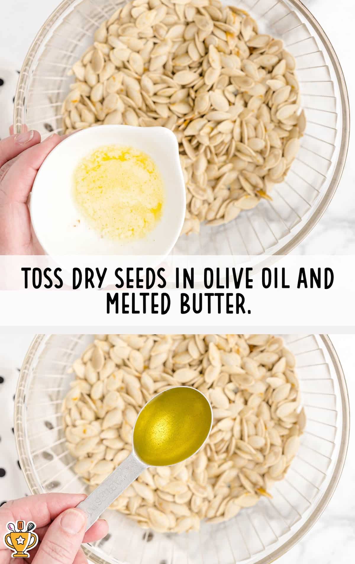 Bowls of Roasted Pumpkin Seeds with a spoon of olive oil and a bowl of melted butter