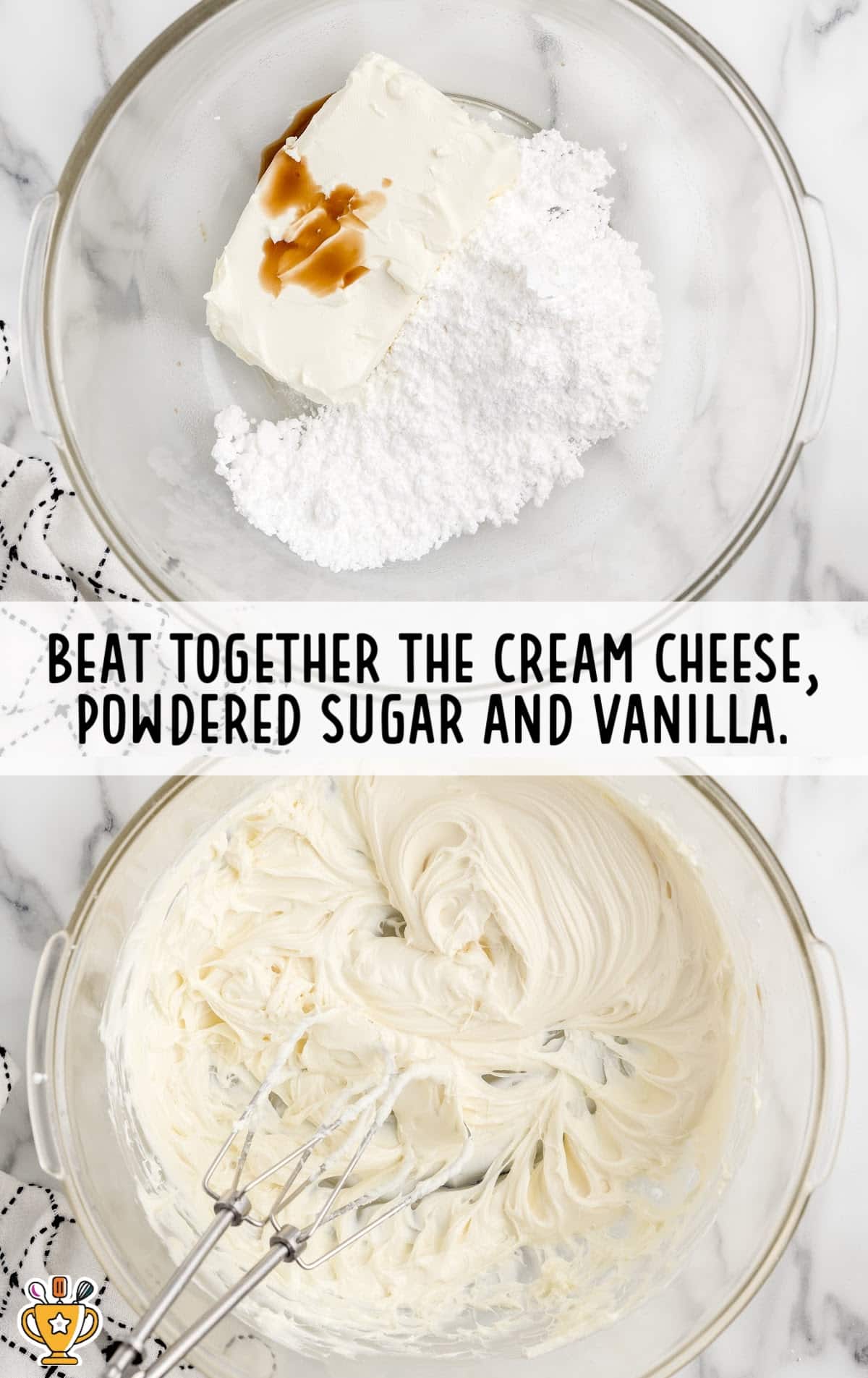 cream cheese, powdered sugar and vanilla beat together in a clear bowl with a mixer in it