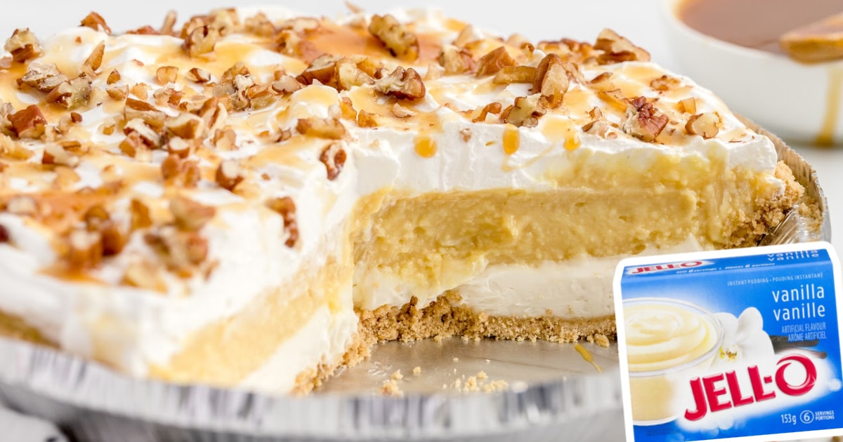 a pie tin with a sliced salted caramel pie in it.
