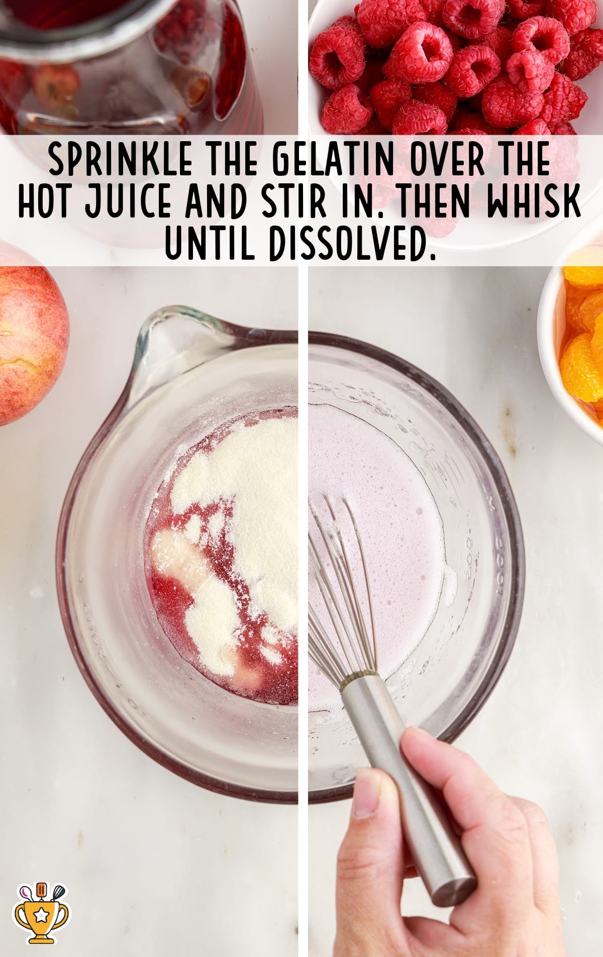 gelatin added in a jar with a hand holding a whisker