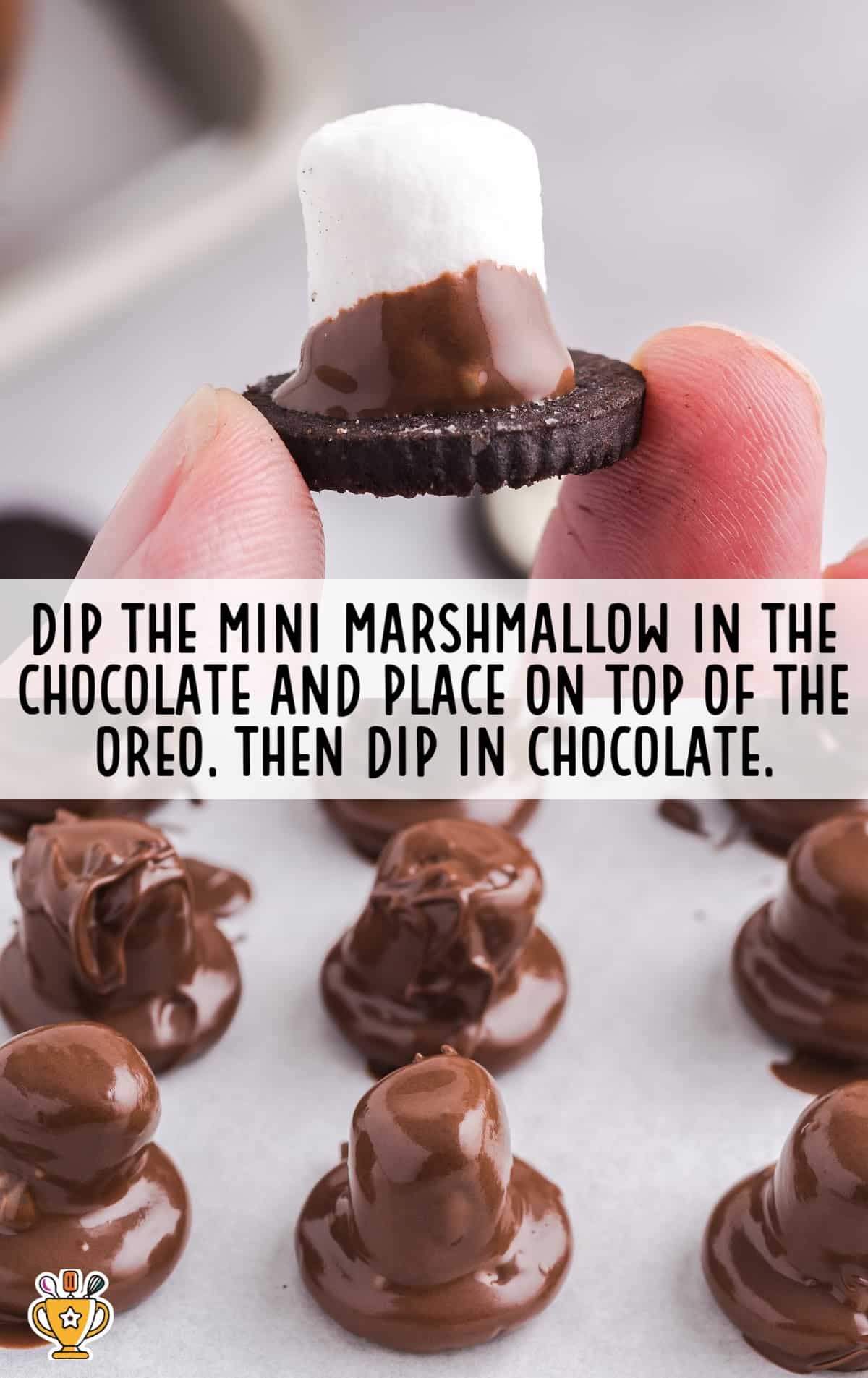 Mini Marshmallow dipped in the chocolate and placed on top of oreo