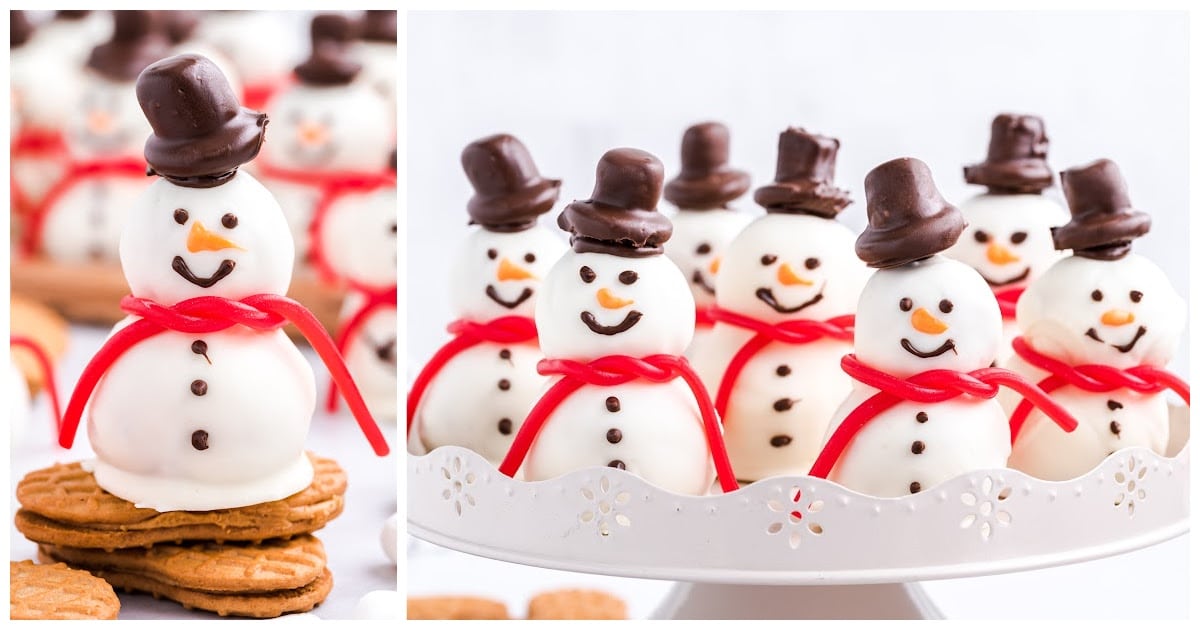 A bunch of Snowmen Truffles on a cake stand and one snowman on biscuits