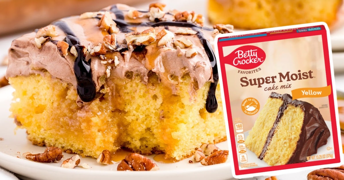 A piece of Turtle Poke Cake on a plate