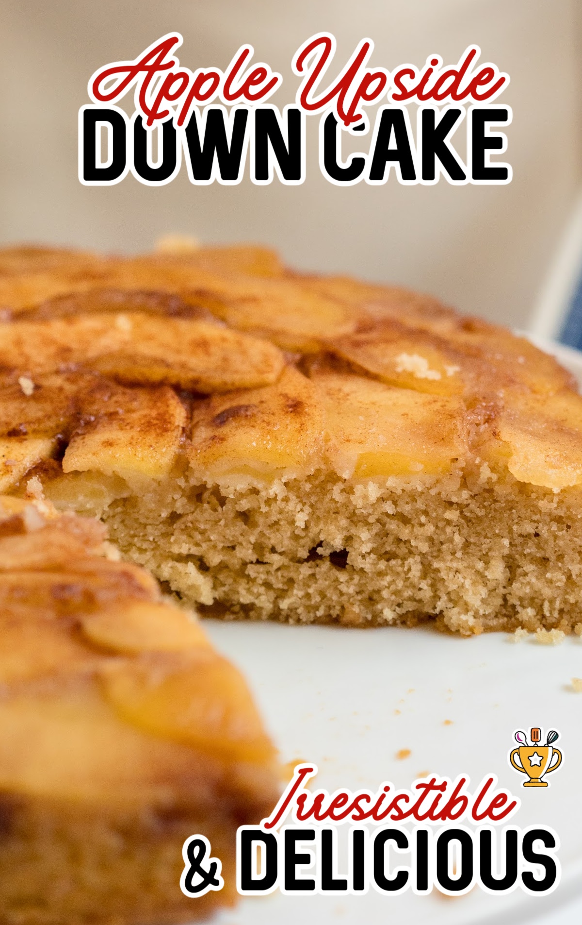 Apple Upside Down Cake with a piece missing