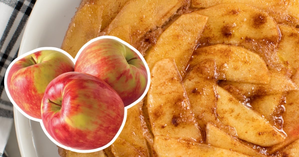 Apple Upside Down Cake, with three apples on the side