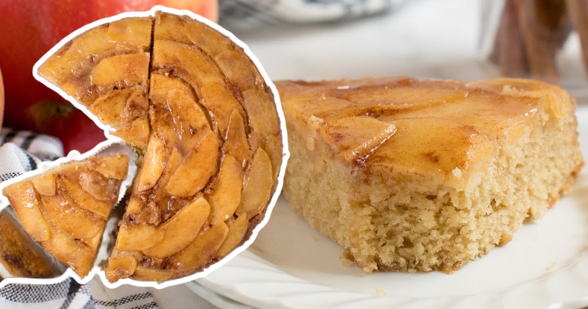 A piece of Apple Upside Down Cake on a plate, and a Apple Upside Down Cake with a piece missing