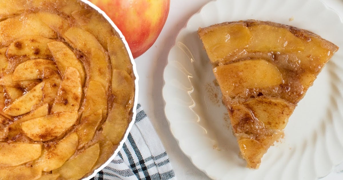 A plate served with Apple Upside Down Cake