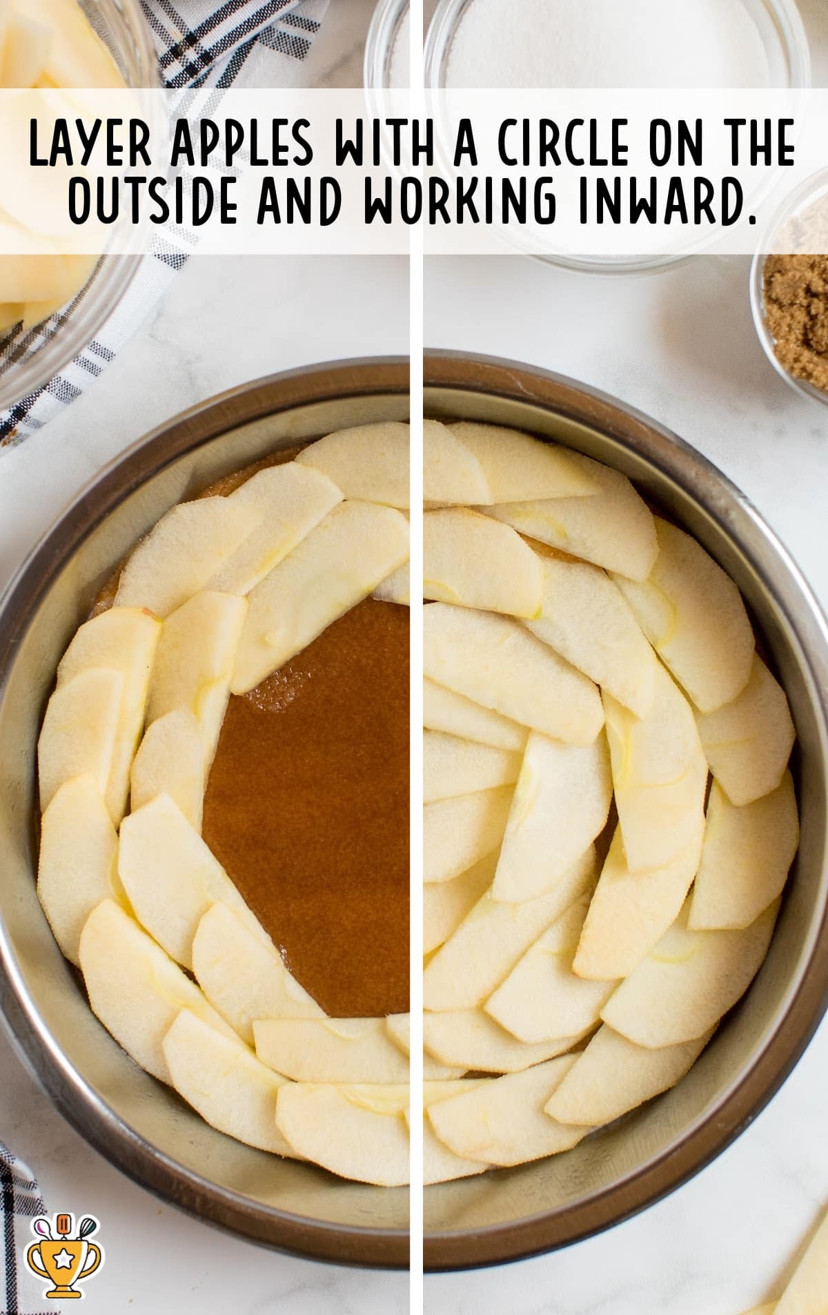 Apple slices layered in circle in the pan