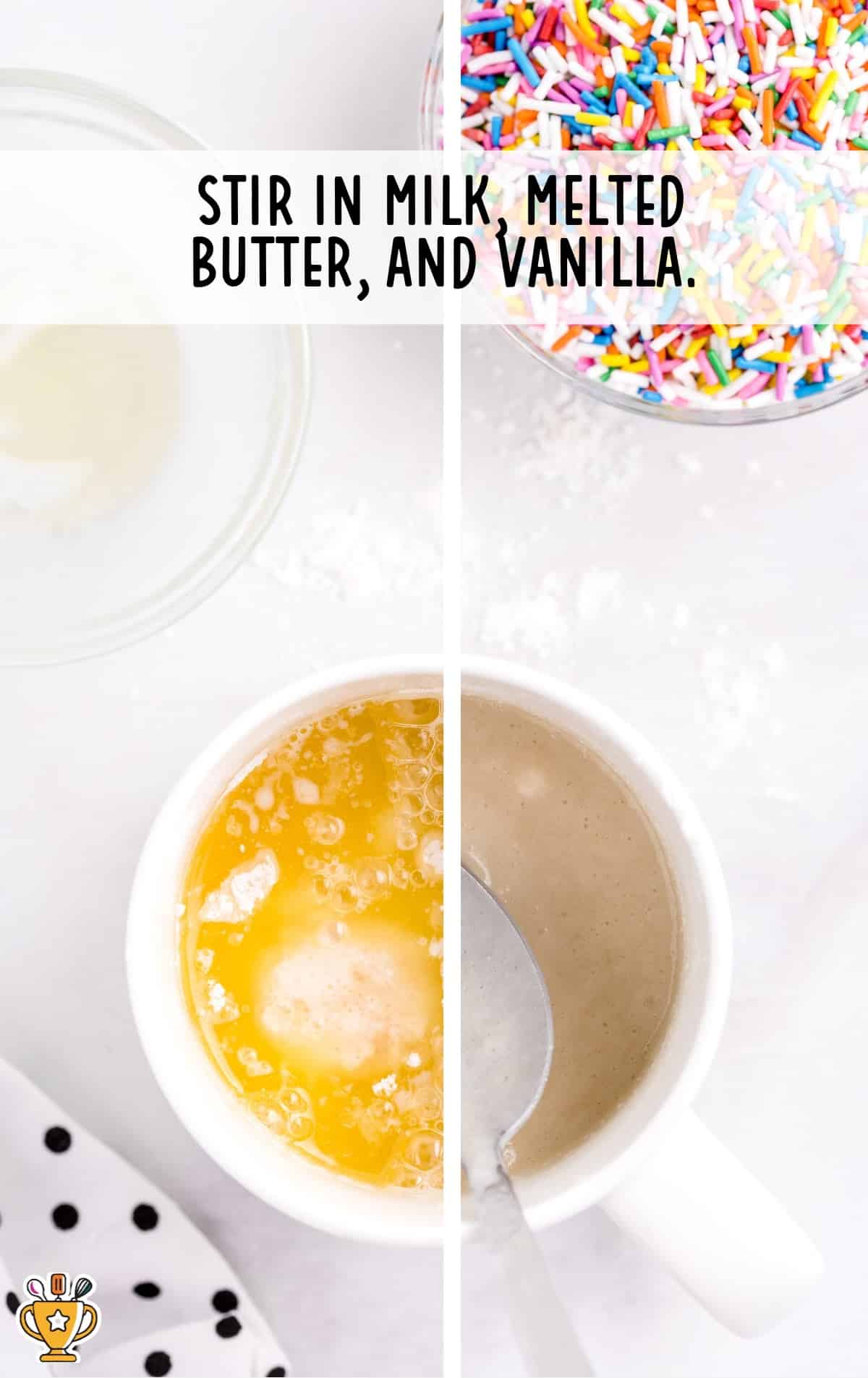 milk, melted butter and vanilla mixed in a bowl