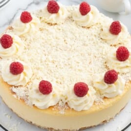 A White Chocolate Cheesecake on a plate