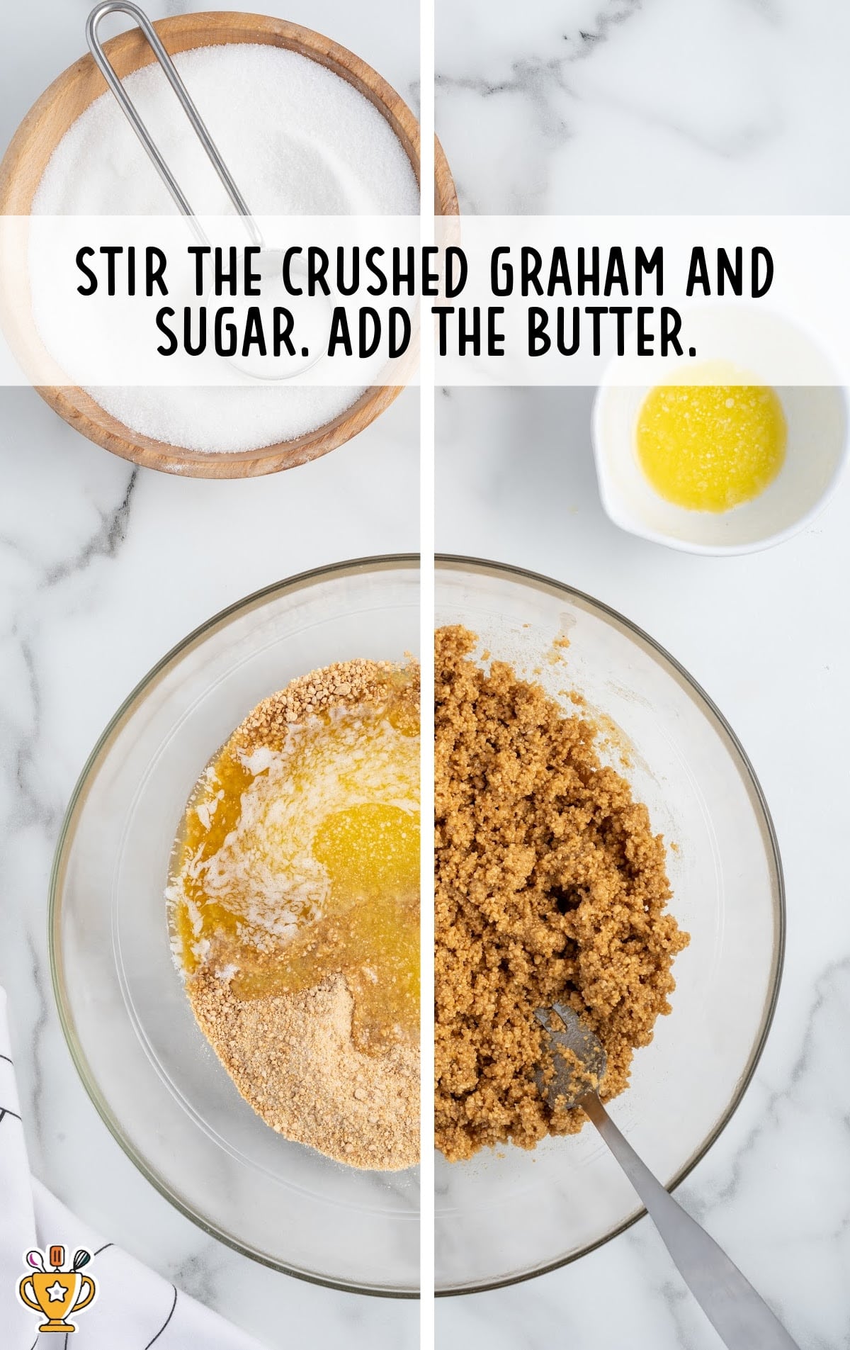 crushed graham, sugar and butter stirred in a bowl