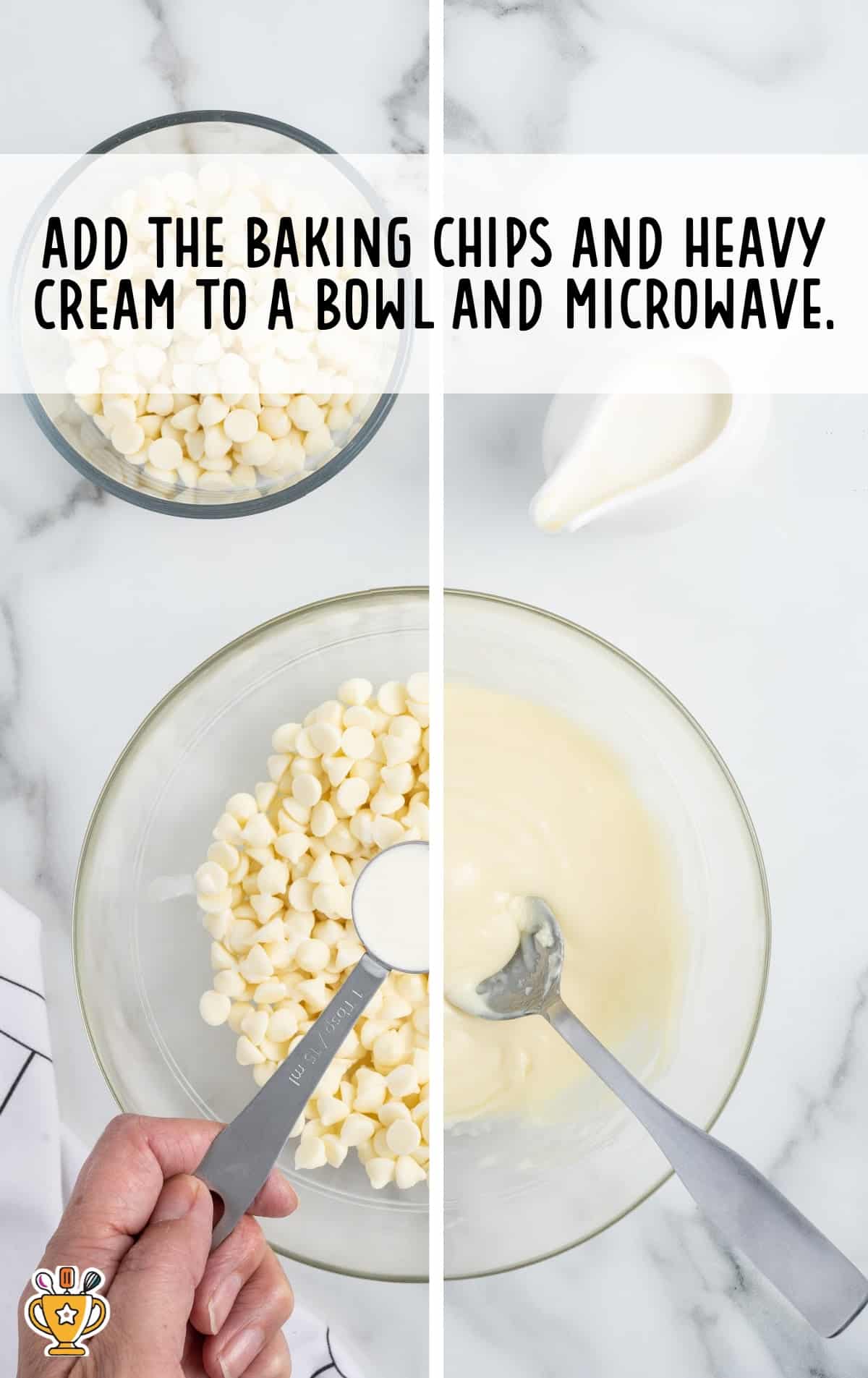 a bowl with baking chips and heavy cream