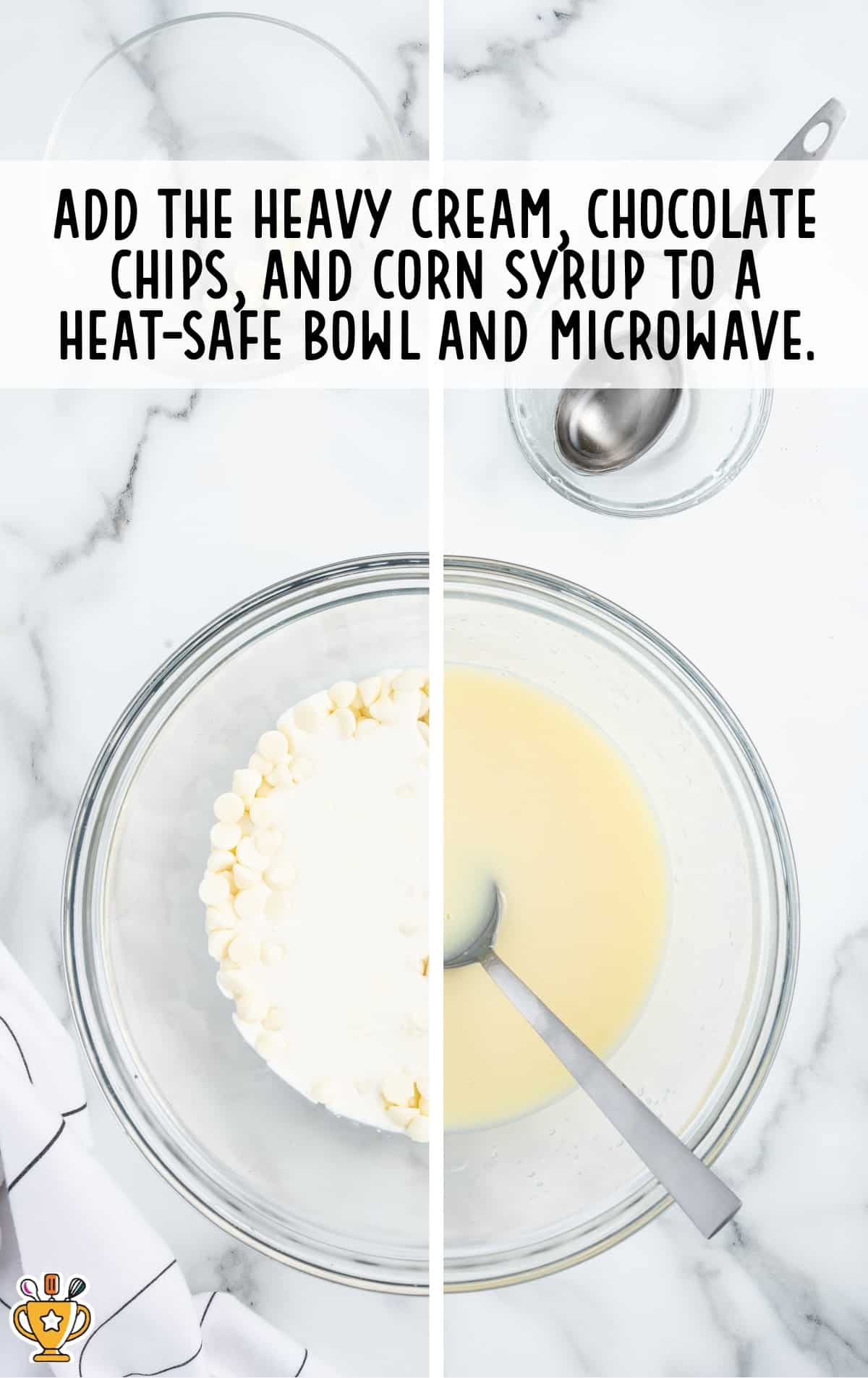 heavy cream, chocolate chips and corn syrup added in a bowl