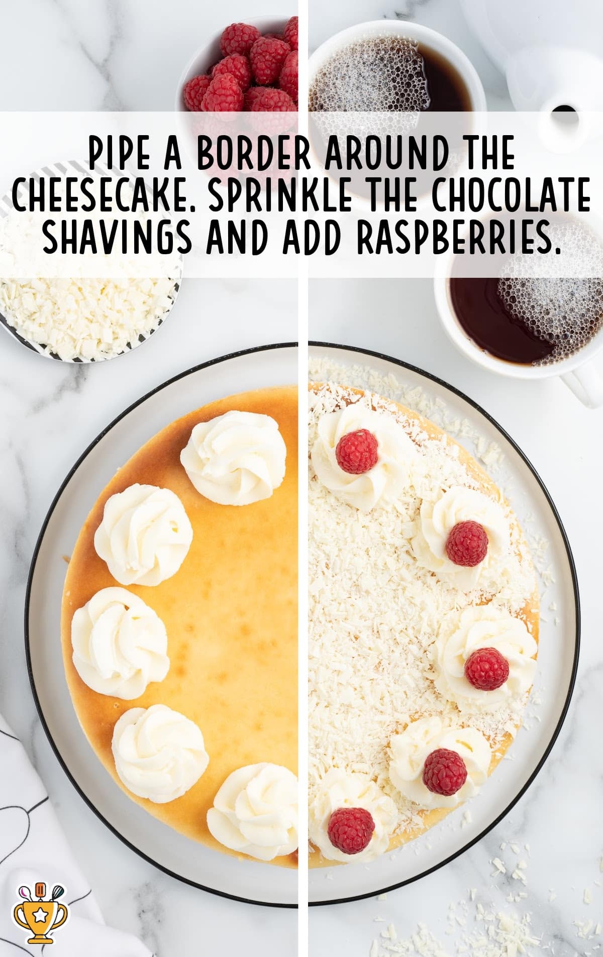 a border piped around the cheesecake, chocolate shavings sprinkled and raspberries added on top