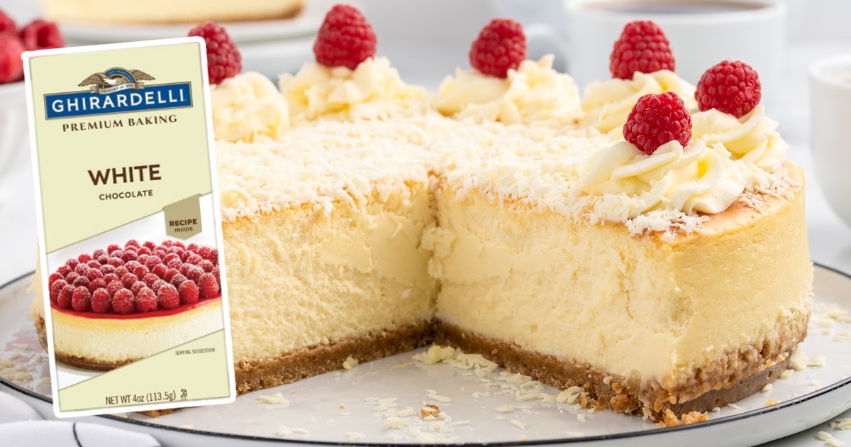 White Chocolate Cheesecake on a plate with a piece missing