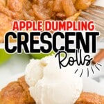 Apple dumpling on a plate with ice cream on top.